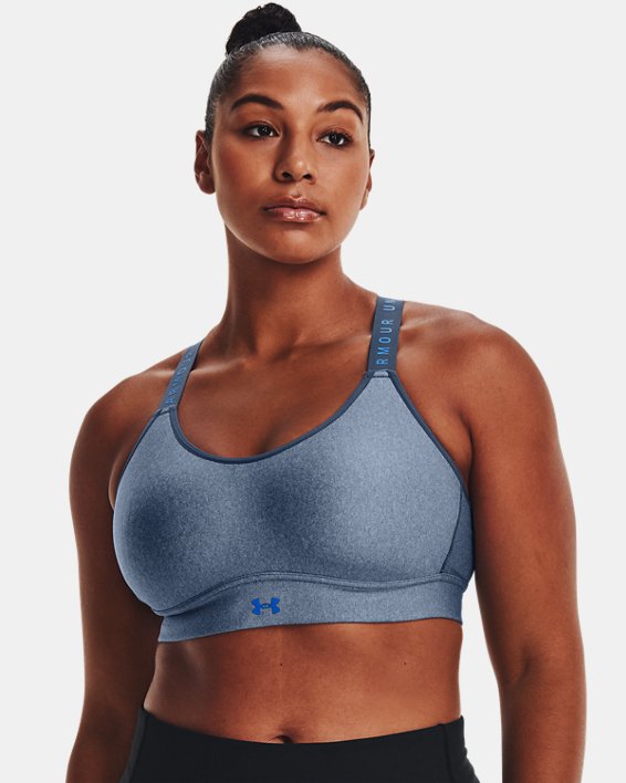 Women's UA Infinity Mid Heather Cover Sports Bra in Blue image number 3